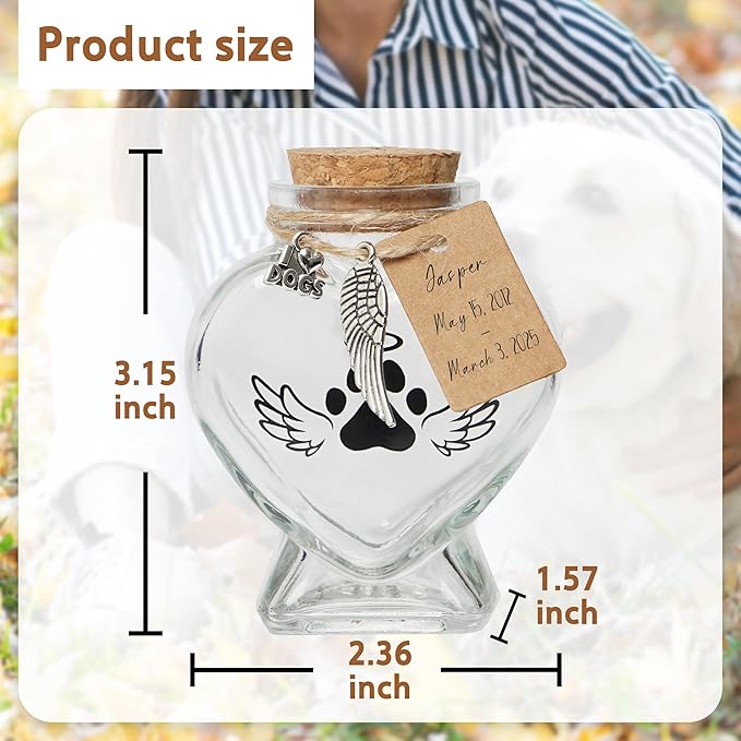 Pet Memorial Gift for Loss of Dog, Heart Shape Glass Jar & Bottle for Fur, Hair, Whiskers or Ashes Keepsake Urn with Cork Top, Charms for Cute Rainbow Bridge Memorial, Silver