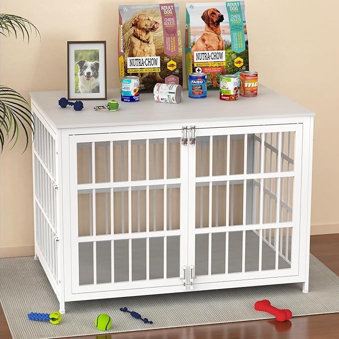 Heavy Duty Dog Crate Furniture – Indestructible Furniture Style Dog Kennel with Wooden Table Top, Escape-Proof Crate for High Anxiety Dogs, Decorative Indoor Pet House with Double Doors & Secure Locks