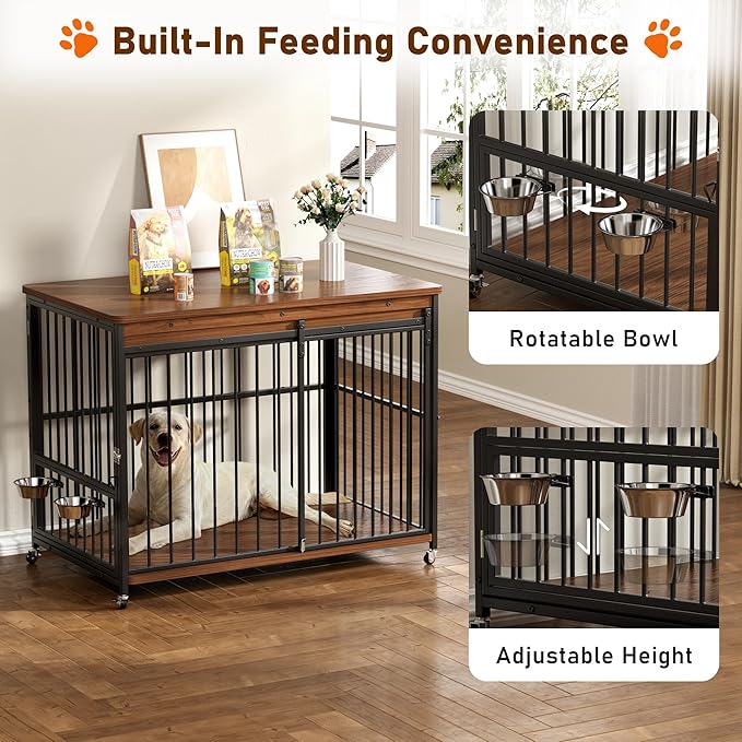 Dog Crate Furniture, 47’’ Wooden Dog Kennel Indoor with Sliding Front Door, Multi-Side Openings & Feeding Window Pet Cage House as TV Stand(Brown)