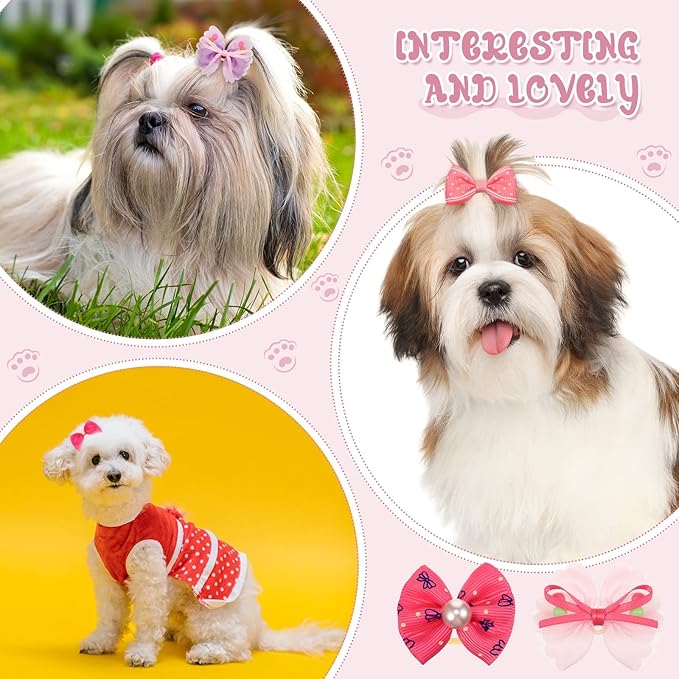 Hanaive 20 Pcs Dog Bows Small Size Dog Hair Bows for Puppy Hair with Rubber Bands Handmade Puppy with Pearls