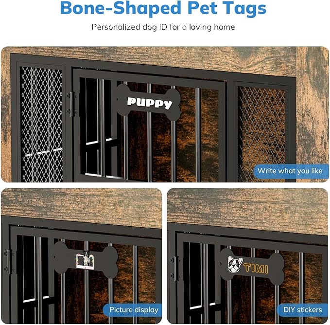 Petrova 33" Dog Crate Furniture for 1 Dogs, Heavy Duty Indoor Dog Kennel for Small/Medium Dogs, Wooden Dog Cage with 2 Stainless Steel Bowls, 4 Hooks, LED Light, Brown