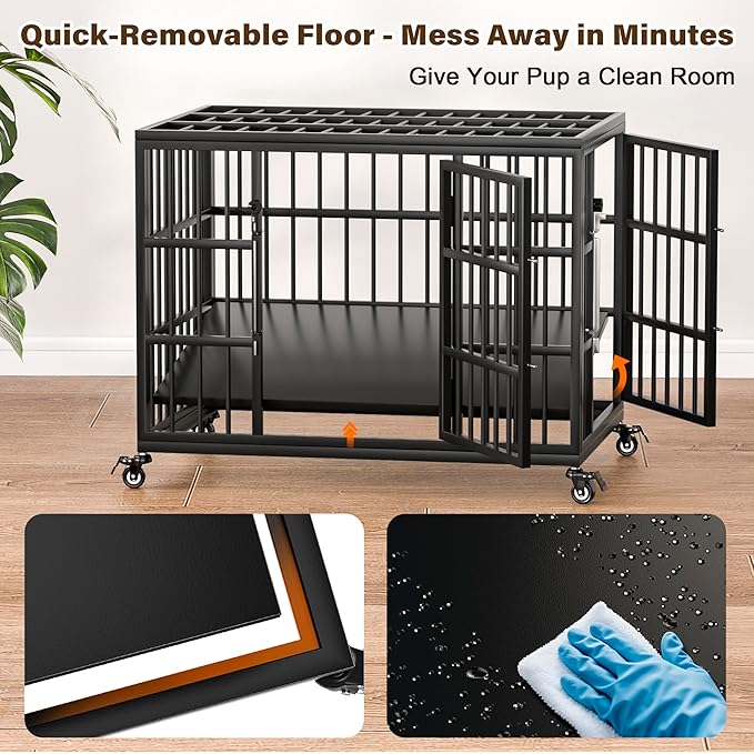 VERIFURTY 30 Inch Heavy Duty Dog Crate for Medium and Small Dogs with Self-Locking Latch, Escape-Proof Steel Kennel Indoor, Double Door Metal Pet Cage with Wheels and Removable Floor