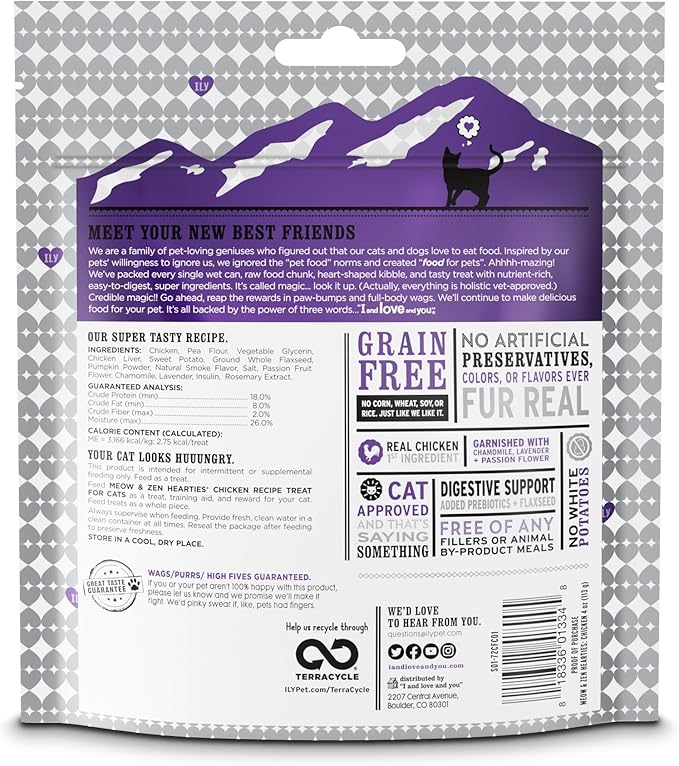 I AND LOVE AND YOU Meow & Zen Hearties Cat Treats - Chicken- Grain Free, Omega 3 & 6, Prebiotics, Filler Free, 4oz Bag (Pack of 2)