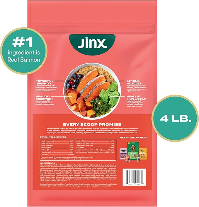 Jinx Premium Dry Dog Food, for All Life-Stages - Real Salmon, Brown Rice & Sweet Potato Kibble with Superfoods for Immune Support & Probiotics for Digestive Support - No Fillers – 4lb