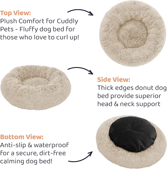Donut Dog Bed - Premium Comfort for Anxiety Relief - Fluffy & Calming Design with Ultra-Plush Support | Cozy Round Dog Bed with Super Soft Circle Style (Beige, Large)