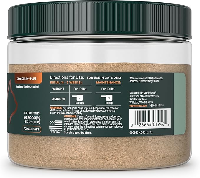 VetriScience Ultimate Strength Healthy Hip & Joint Powder, Glucosamine, Chondroitin and Green Lipped Mussels for Cats, Soothe Joint Discomfort, Cheese & Chicken, 60 Scoops