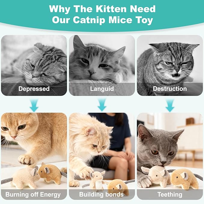 Plush Catnip Mice Toys with Rattle Sound- 2 Pcs Interactive Cat Toys for Indoor Cats, Durable Stress Relief Eco-Friendly Small Mouse Chew Playthings（with Catnip Bag