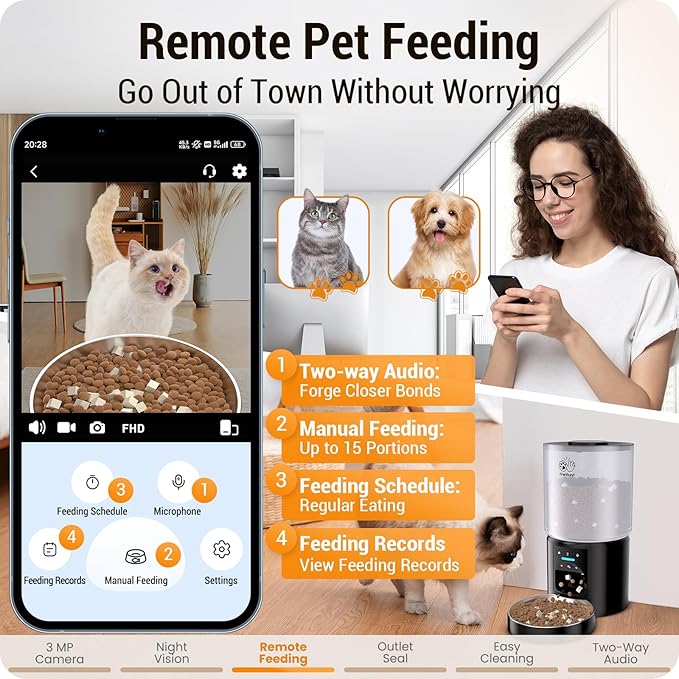 Automatic Cat Feeder with 3MP Camera: 5G WiFi Automatic Dog Feeder with Night Vision, 5L Timed Auto Cat Food Dispenser with APP for Pet, Detachable for Easy Clean-21 Cups