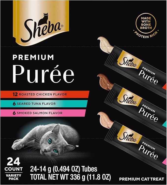 Sheba Premium Puree Cat Treats Lickable Roasted Chicken Flavor, Smoked Salmon Flavor, and Seared Tuna Flavor, 0.49 oz. Tubes, 24 Count