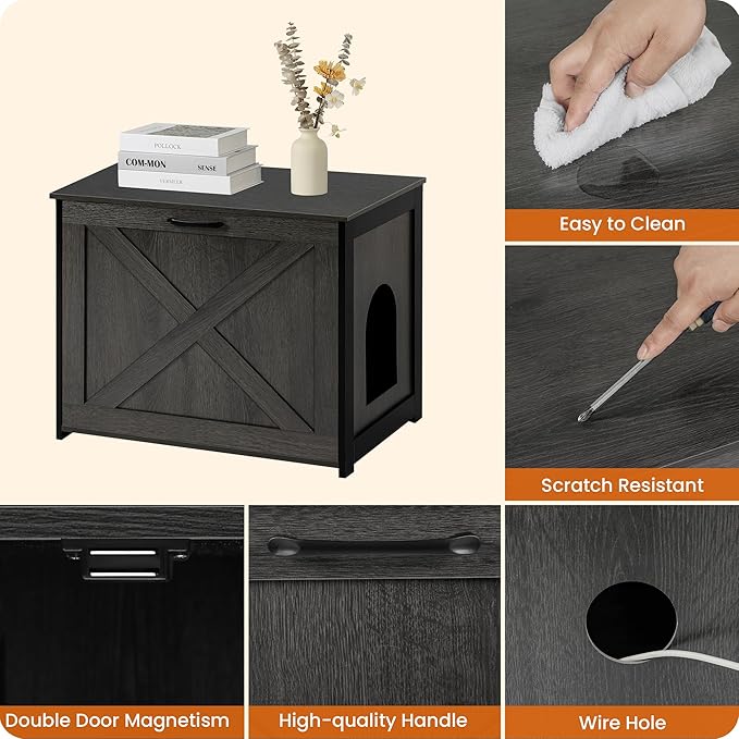 Dwanton Cat Litter Box Furniture Hidden, Cat Litter Box Enclosure, Reversible Entrance Can Be on Left or Right Side, Indoor Cabinet, Wooden Washroom, End Table, Nightstand, Dark Gray, 27.6" L