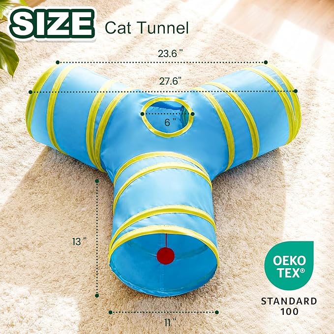 Love’s Cabin Cat Tunnel for Indoor Cats, 3-Way Collapsible Play Tunnel with Teaser Wand, Peek Holes & Toy Ball, Small Pet Toy for Kittens & Rabbits, Blue & Yellow, Small Size