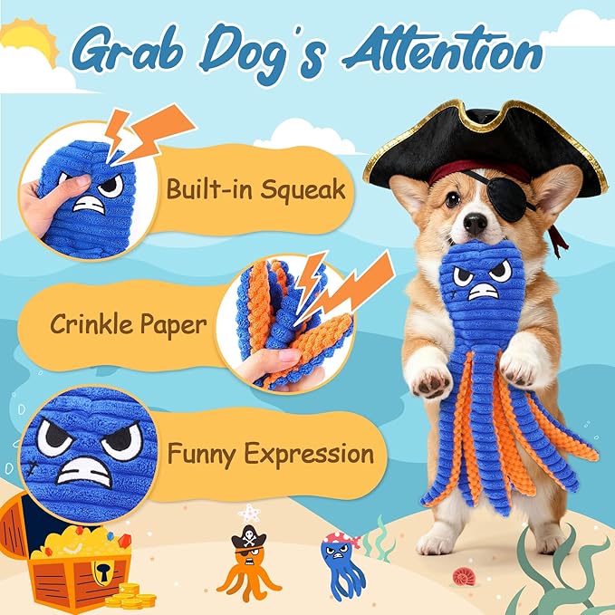 Zeaxuie Interactive Dog Toys, 2 Pack No Stuffing Dog Toys for Teething, Squeaky Chew Toy to Keep Them Busy for Small and Medium Breed, Crinkle Octopus