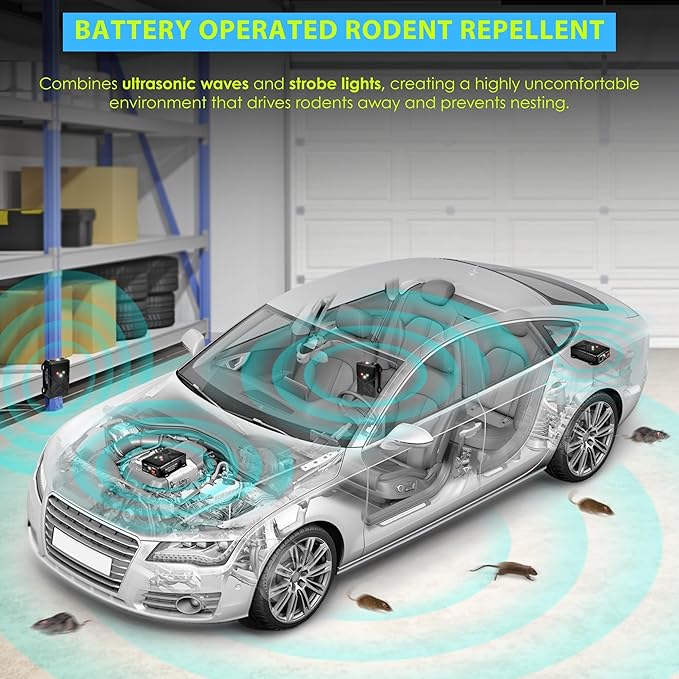 Ultrasonic Rodent Repellent for Car Engine – Battery Powered Under Hood Mouse Repeller with Flashing Strobe Light, Keeps Rats and Mice Away from Vehicle, Automobile, Truck, Garage, Attic, Barn, Shed