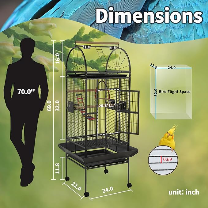 68'' Large Parrot Cage, Large Bird Cages for Parrots,Conure Cage for Birds, Cockatiel Cage with Birdcage Cover,Play Top,Feeders,Slide-Out Tray,Seed Catcher for Cockatoo,African Grey,Lovebird