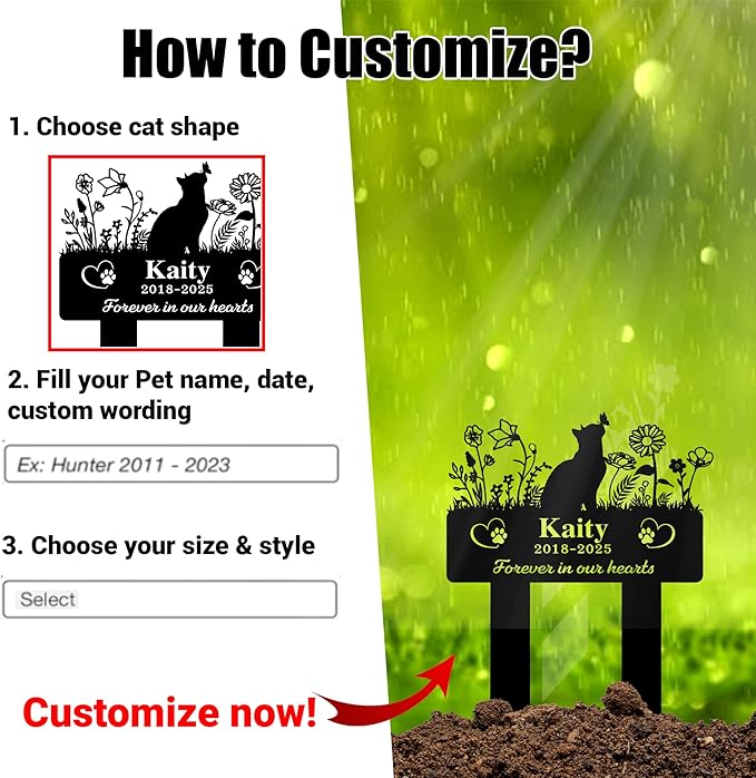 Custom Cat Grave Marker Outdoor | Personalized Pet Memorial Stone with Engraved Name & Lifespan Dates | Perfect Garden or Yard Tribute for Pet Loss | Durable Weatherproof Metal Material