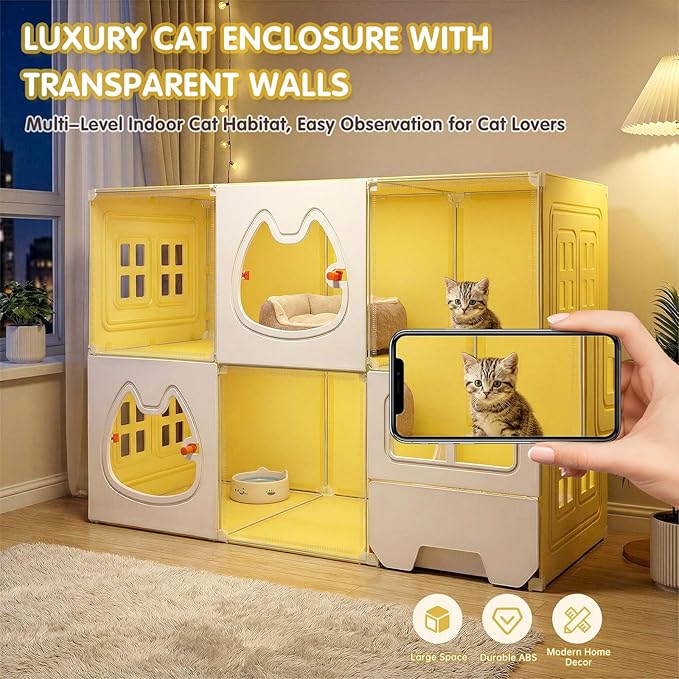 Cat Cage with Litter Box | Detachable Metal, Transparent Window, DIY Zones | Cat Enclosure Indoor Playpen for 1-3 Cats, Ferret, Small Animal Dog Cages 41" L x 18" W x 28" H