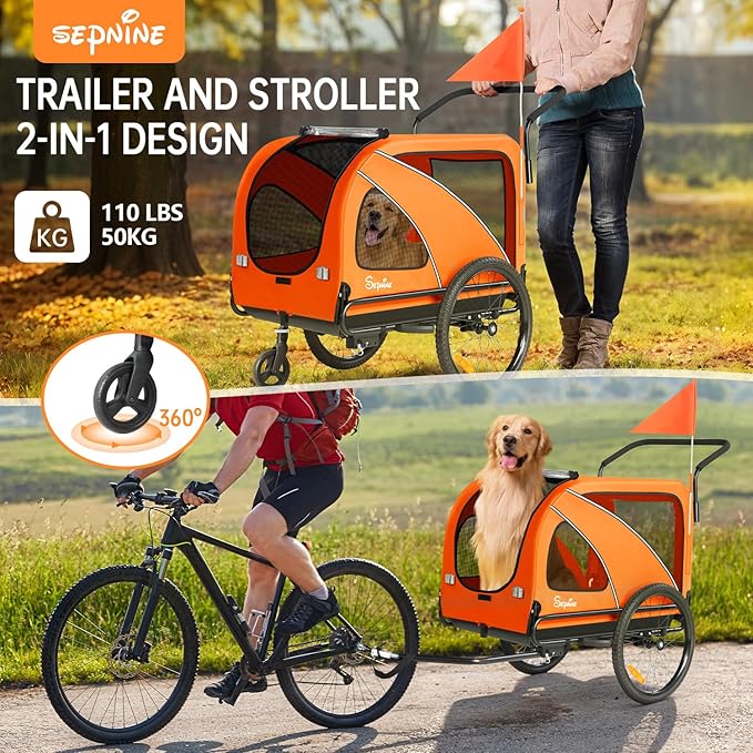 Sepnine Dog Bike Trailer, Supports up to 110 lbs, 2-in-1 Pet Stroller Cart Bicycle Carrier, Easy Folding Cart Frame with Quick Release Wheels, Universal Bicycle Coupler, Non-Slip Floor, Internal Leash