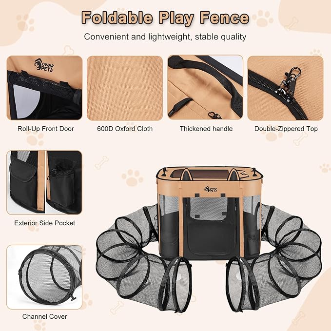 Ownpets Portable Cat Playpen with Removable Tunnel, Foldable Puppy Play Pen, Indoor Outdoor Cat Enclosure Pet Tent for Cats, Dogs and Small Pets