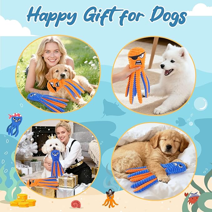 Zeaxuie Interactive Dog Toys, 2 Pack No Stuffing Dog Toys for Teething, Squeaky Chew Toy to Keep Them Busy for Small and Medium Breed, Crinkle Octopus