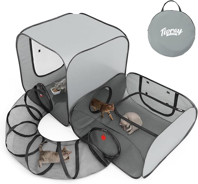 Cat Playpen, 3-in-1 Pop-up Outdoor Cat Enclosure with 2 Rooms 1 Tunnel, Breathable Pet Playpen for Indoor Outdoor Use, Portable Catio Tent with Carry Bag for Kitten Rabbit Small Animals, Gray
