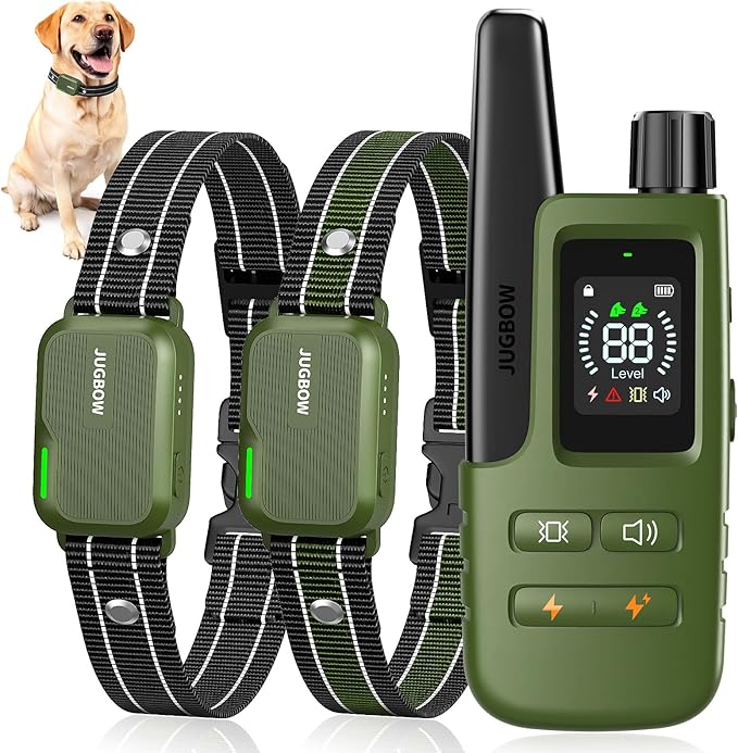 Jugbow Dog Shock Collar - 4200FT Dog Training Collar with Remote, IPX8 Waterproof Electric Dog Collar with 4 Training Modes, Security Lock, Rechargeable eCollar for 10-120lbs Dogs(Green 2 Pack)
