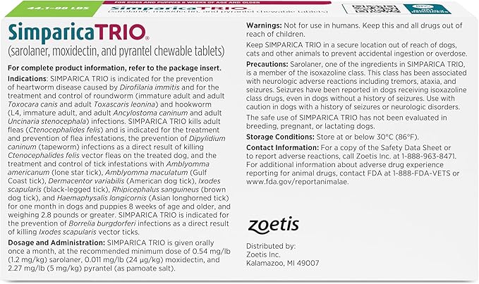 Simparica Trio (sarolaner, moxidectin, and pyrantel chewable Tablets) Chewables for Dogs, 48 mg/tab, 44.1-88 lbs, (Green), 6 Tablets
