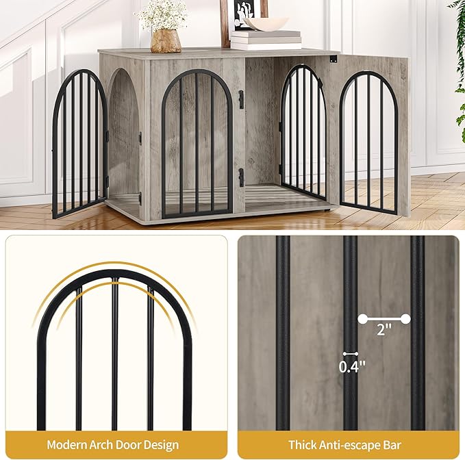 31.5'' Wooden Dog Crate Furniture, Indoor Dog Kennel Dogs Cage for Small/Medium Dogs, Heavy Duty Dog Crates Decorative Pet House End Side Table TV Stand, Greige Black DFC85105B