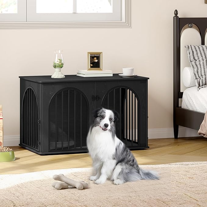 39.4" Wooden Dog Crate Furniture, Indoor Dog Kennel Dogs Cage for Small/Medium/Large Dogs, Heavy Duty Dog Crates Decorative Pet House End Side Table TV Stand, Black DFC84104B
