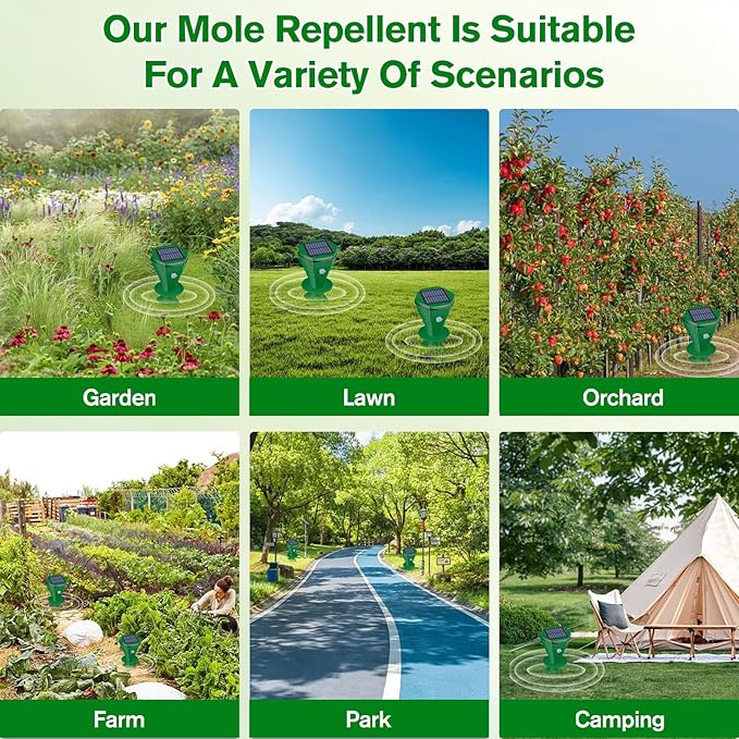 Mole Repellent Solar Powered Ultrasonic,Deer Repellent Devices,Gopher Trap Groundhog Repeller,Sonic Spikes Get Rid of All Pests Vole, Chipmunk,Cat,Skunk,Snake,Mole Trap for Lawn, Garden Yard (6P)