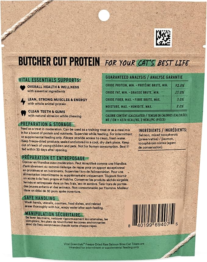 Vital Essentials Freeze Dried Cat Treats | Salmon Bites, Single Protein | Premium Quality | Grain Free, Crunchy Cat Treats, 1.1 oz Bag