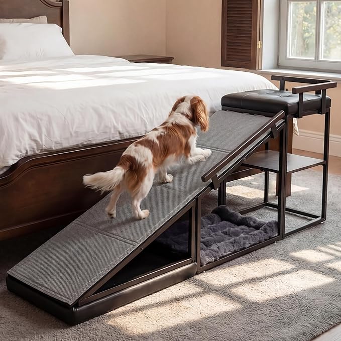 4-in-1 Dog Ramp, 65" X 26" X 17" Storage Ottoman Bench Upholstered Padded with Solid Wood Shelf, Foldable Pet Stairs Non-Slip Silicone Surface - Safety Railings Load up to 220 lb (Black)