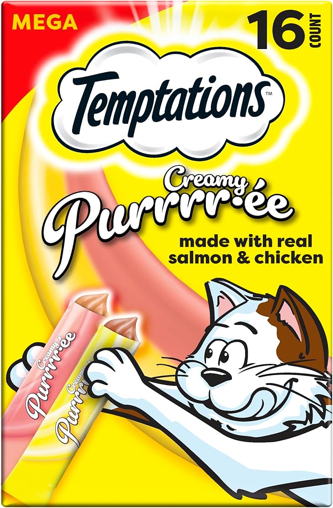 Temptations Creamy Puree Squeezable Lickable Cat Treats, Wet Cat Treats with Salmon and Chicken Variety Pack, 0.42 oz. Tubes, 16 Count