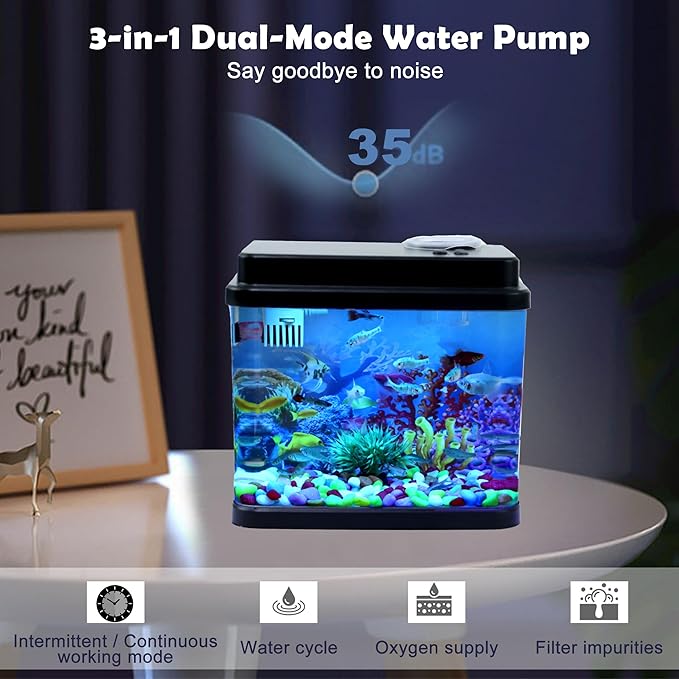 Mini Aquarium, 1 Gallon Small Fish Tank, 6-Color Adjustable LED Fish Bowl, 3-in-1 Dual-Mode Water Pump with Circulation, Oxygenation and Filtration,Ideal Gift and Decoration Choices