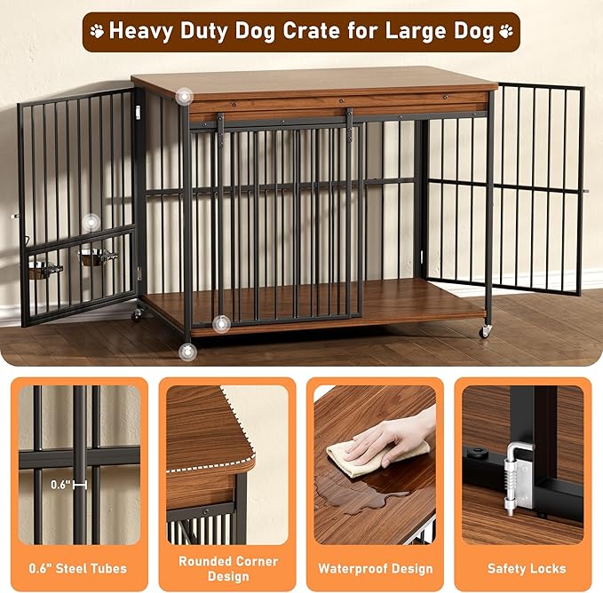 Dog Crate Furniture, 47’’ Wooden Dog Kennel Indoor with Sliding Front Door, Multi-Side Openings & Feeding Window Pet Cage House as TV Stand(Brown)
