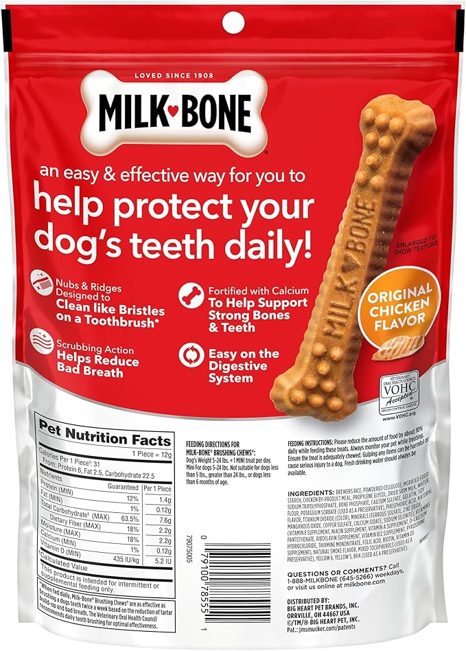 Milk-Bone Brushing Chews Original Chicken Flavor Daily Dental Dog Treats, Mini, 7.1 Oz. Bag (Pack of 5)