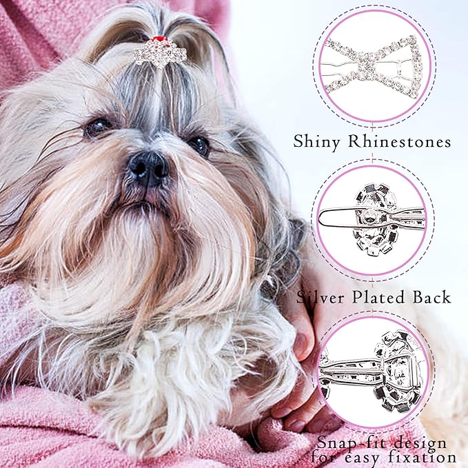 PET SHOW 10pcs Crystal Small Dogs Hair Clips Tiara Bone Paw Heart with 200pcs Rubber Bands Grooming Hair Accessory