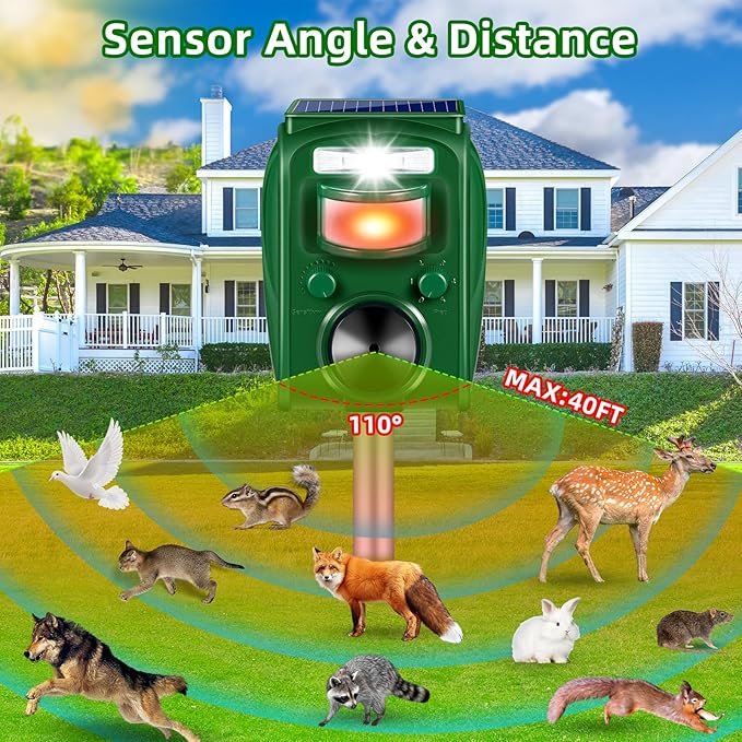 2026 Upgraded Solar Ultrasonic Animal Repellent Outdoor,Cat Squirrel Rabbit Dog Raccoon Rodent Deterrent Deer Repellent Devices,Waterproof Repeller with Motion Detection Flash Light for Yard,2 Pack