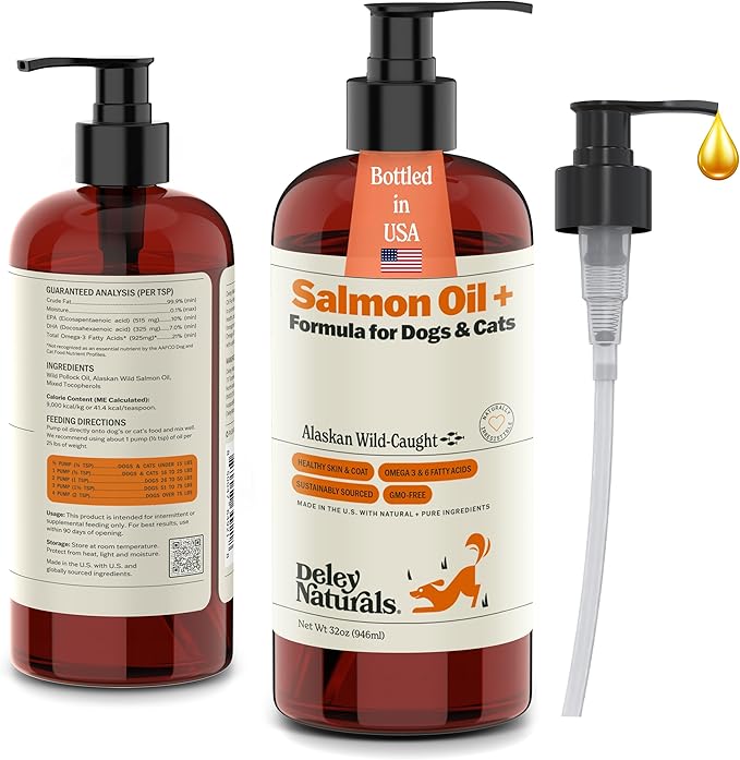Deley Naturals Wild Alaskan Salmon Oil for Dogs & Cats - New and Improved Salmon Oil Plus Formula - Fish Oil for Dogs with Omega 3, DHA and EPA - Omega 3 for Healthy Skin and Coat - 32oz Made in USA