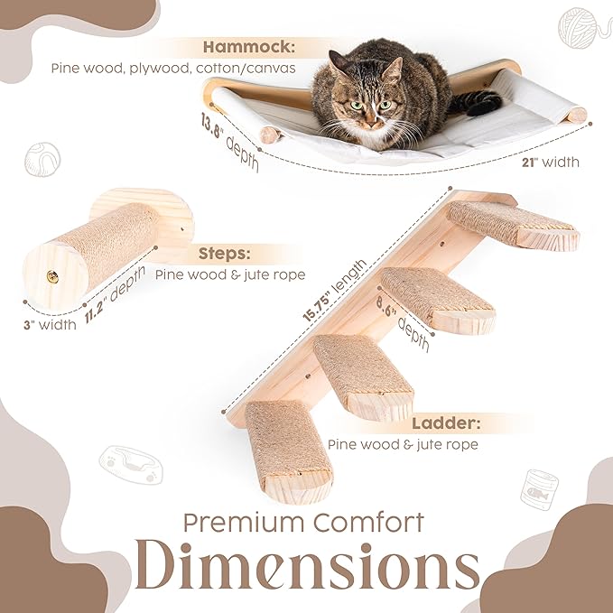 Wall Mounted Cat Shelves – 4-Piece Hammock Set with Ladder & Steps for Small & Large Cats – 45 lb Capacity Wall Mounted Cat Furniture