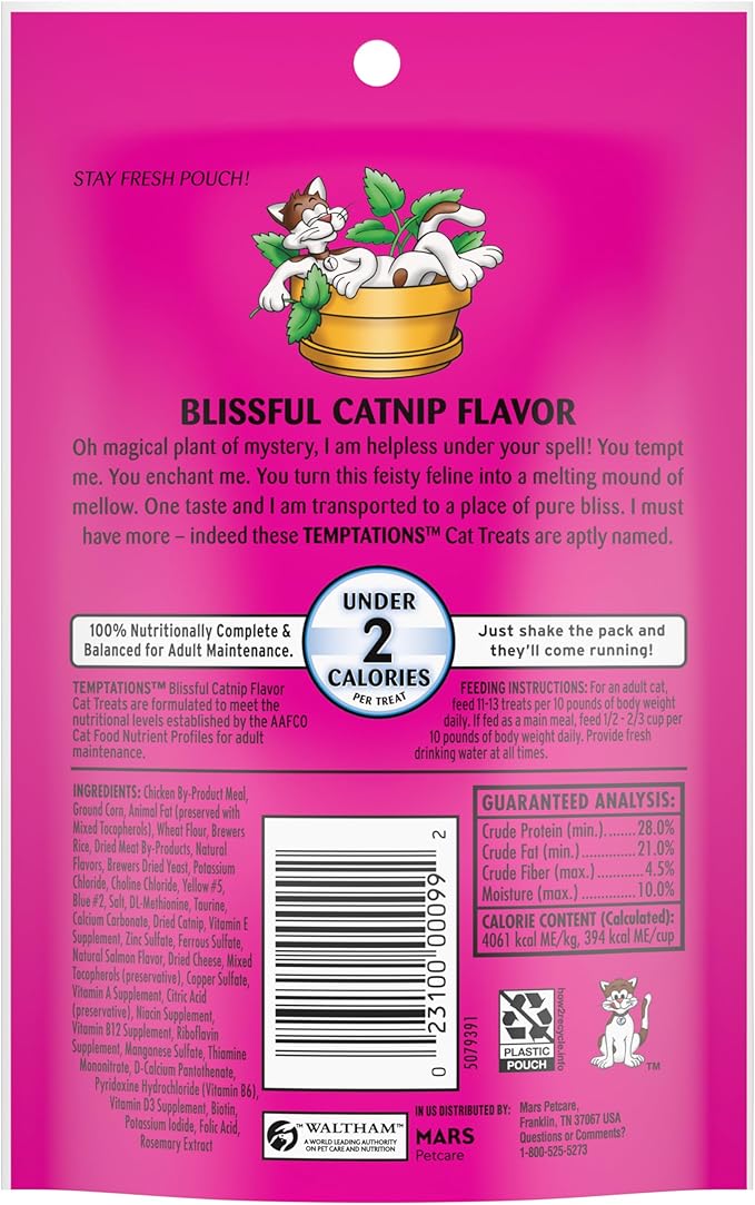 Temptations Cat Treats, Classic Crunchy and Soft Cat Treats, Blissful Catnip Flavor, Catnip Treats, 3 oz. Pouch (Pack of 12)