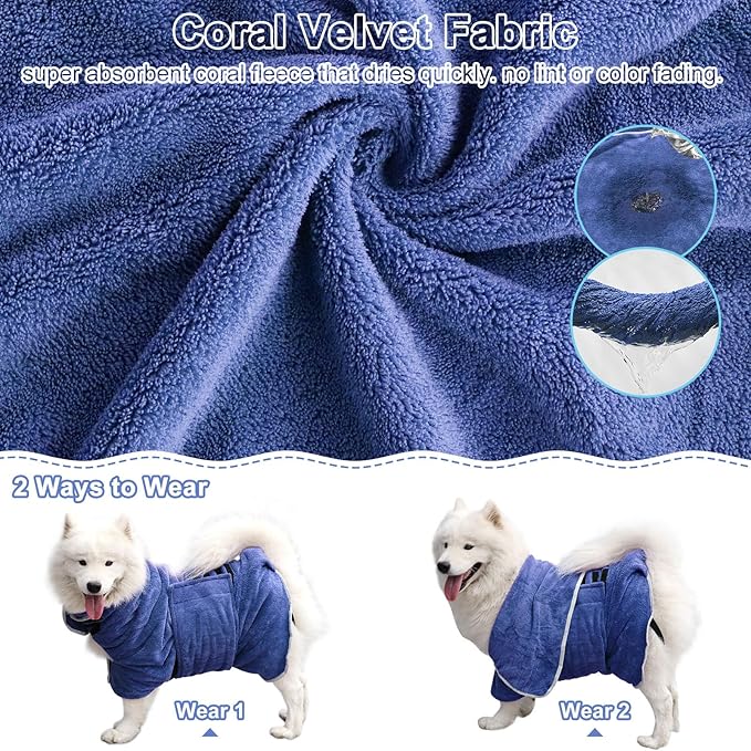 Dog Towel, Dog Bathrobe Pet Grooming Towel Drying Coat Robes for After Bath Collection Absorbent Microfiber Bath Towels for Drying Dogs Small Medium Large