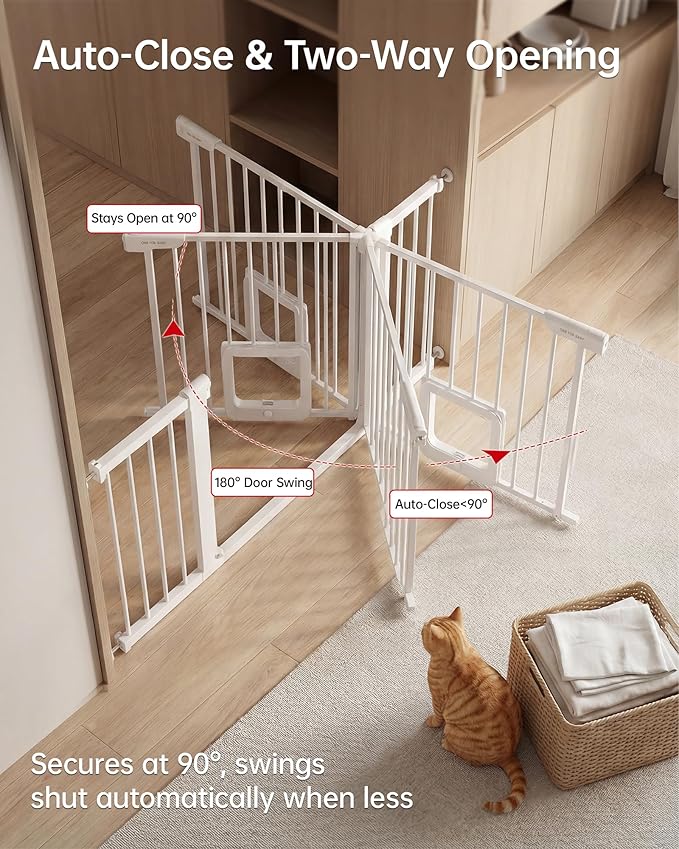 Baby Gate with Cat Door, 29.92-43.7 ” Wide Baby Gate for Stairs, Pressure Mounted Gate No Drill, Auto Close Dog Gate for Doorways, Easy Walk Through Safety Gates with Pet Door, Indoor, White