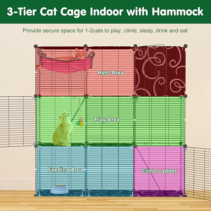 3-Tier Cat Cage, Indoor Cat Enclosures with Hammock Toy Bal Ladders, DIY Cat Playpen Detachable Metal Wire Kennels Kitten Crate Cats House Large Exercise Place for 1-2 Cats/Kitten, 42"x14"x42"