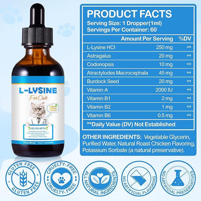 NIFEISHI L-Lysine Liquid Supplement for Cats - for Respiratory Health, Sneezing, Runny Nose & Eye Care - for Cats of All Ages, Easy-to-Use Liquid Drops, 60ml/2oz