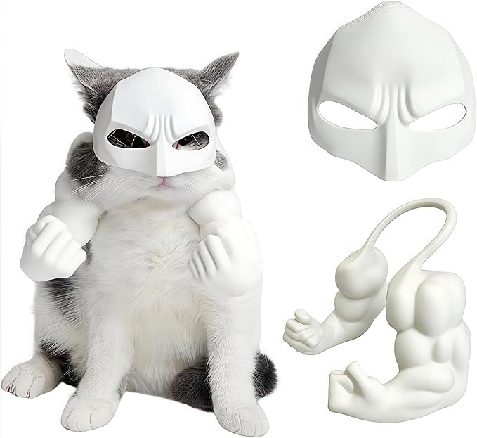 Cat Bat Costume Set, Halloween Cosplay Props with Muscular Arm Suit and Mask, Fun Animal Dress Up Accessories (White)