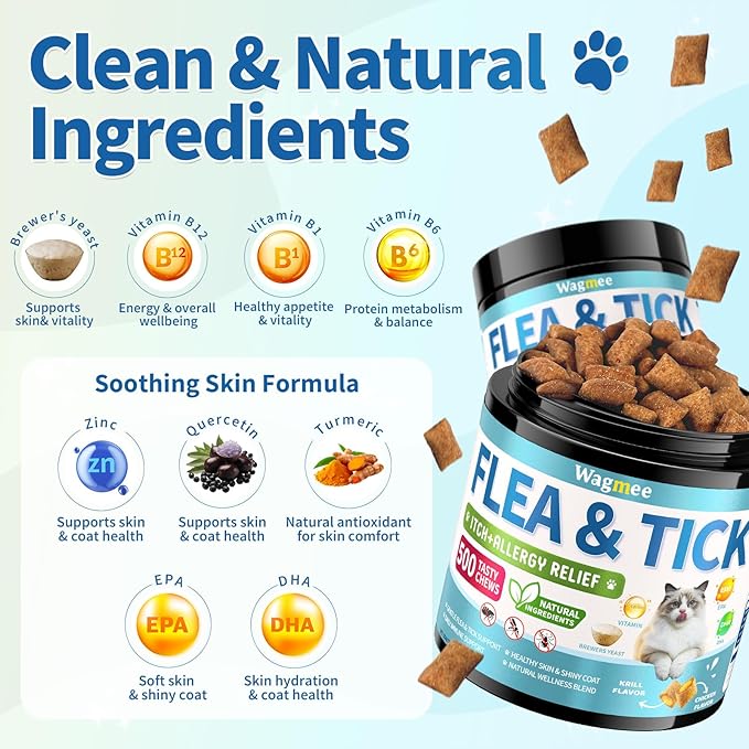 Natural Cat Flea Treatment Chewables & Flea and Tick Prevention for Dog and Cat, Supports Healthy Skin & Coat - Oral Supplement for All Breeds & Ages - Chicken
