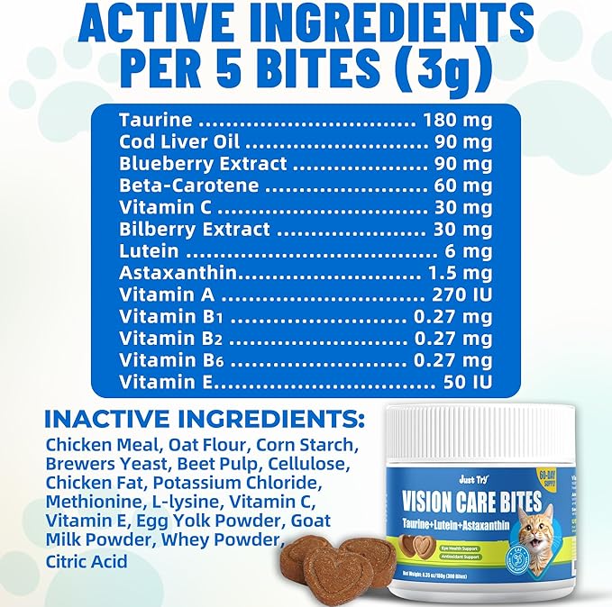 Just Try Vision Care Bites Cat Treats Taurine for Cats Healthy Cat Treats - Support Eye Health & Vision Function Chicken Flavored - Cat Supplements 300 Bites 6.35 oz
