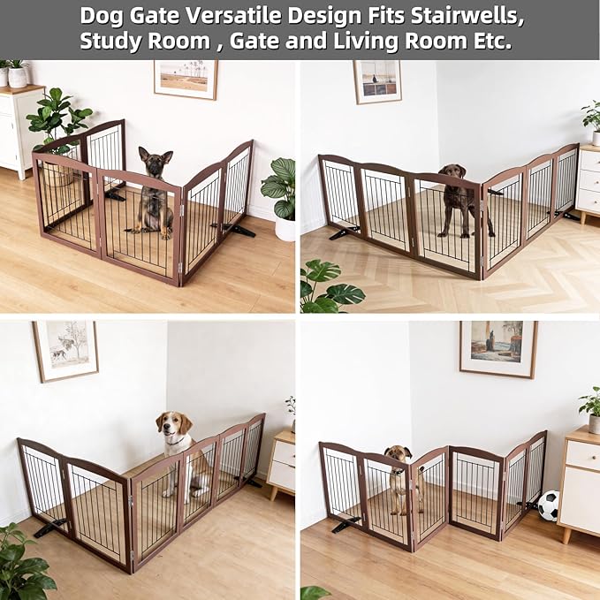 ZJSF Freestanding Dog Fence Indoor, Foldable Dog Gate for Doorways, Stairs or Hallways, Sturdy Wood Extra Wide Pet Gate with Support Feet for The House, Brown, 24 "Height-6 Panels