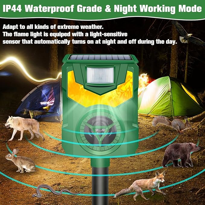 Solar Animal Repeller Outdoor,2025 Upgrade Ultrasonic Animal Repeller,Cat Repellent Outdoor,Squirrel Repellent with Motion Sensor & Flame Light,Waterproof Raccoon Repellent Devices,Repel,Deer,Rabbit