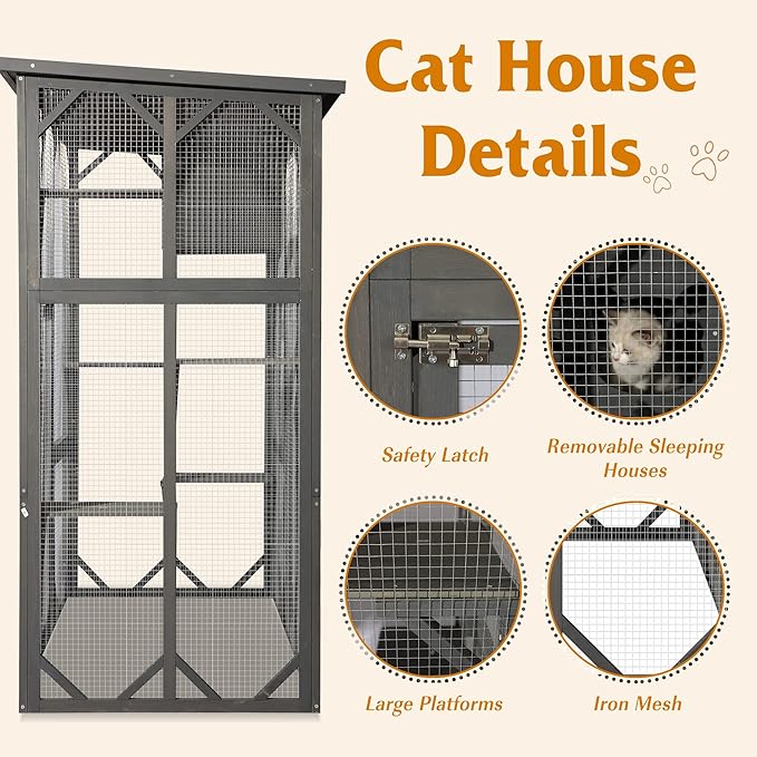 Grepatio Cat Enclosure Large Outdoor Catio Wooden Cat House with Weatherproof, Cat Cage Condo Indoor Playpen with Platform and Small House (Grey)